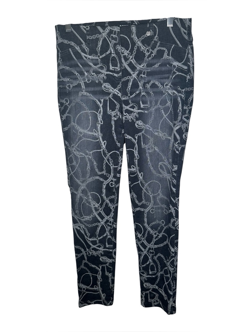 Robell Jeans Modell Rose Equestrian Print Size 10 Black Distressed Stretch